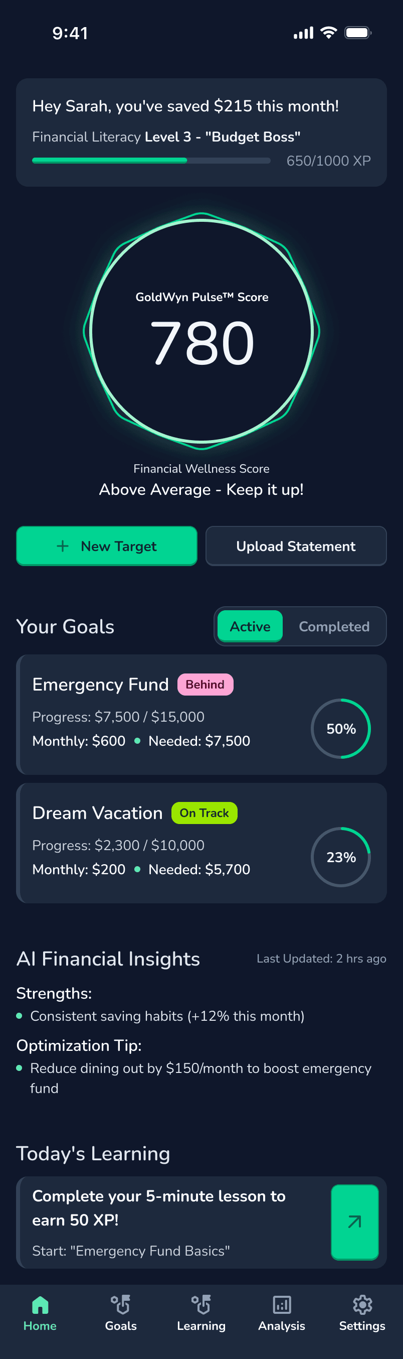 WynIt dashboard showing Pulse Score of 780 and financial goals progress