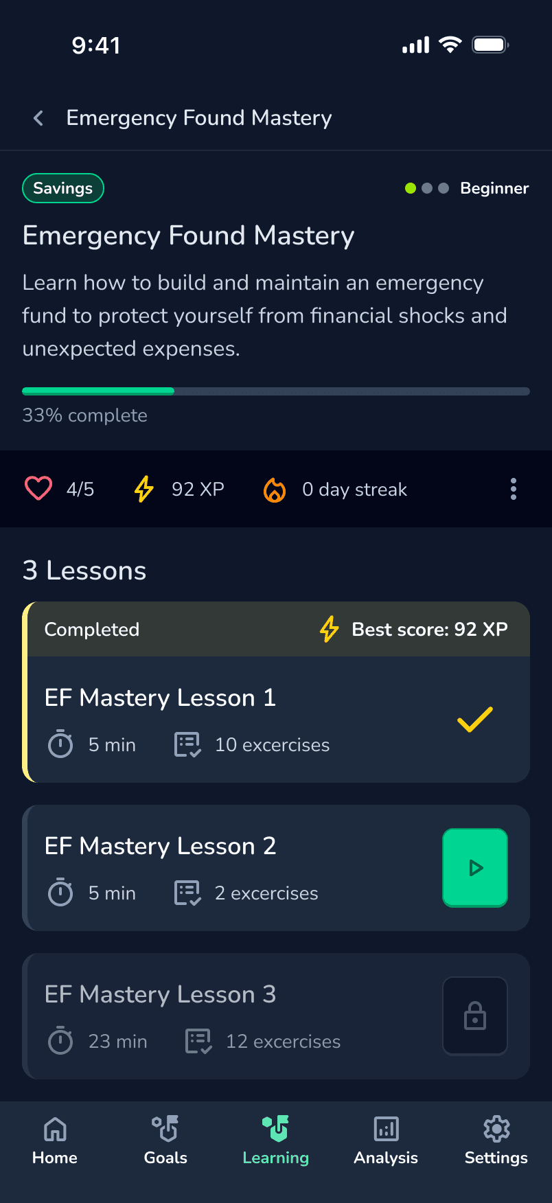 WynIt learning modules with Emergency Fund Mastery lessons and progress tracking